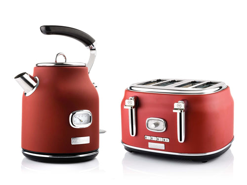 Westinghouse Retroline Frühstück-Set – Rot (Toaster & Wasserkocher). Rotes Retro-Design. Röstet Brot & erhitzt Wasser zum Frühstück.