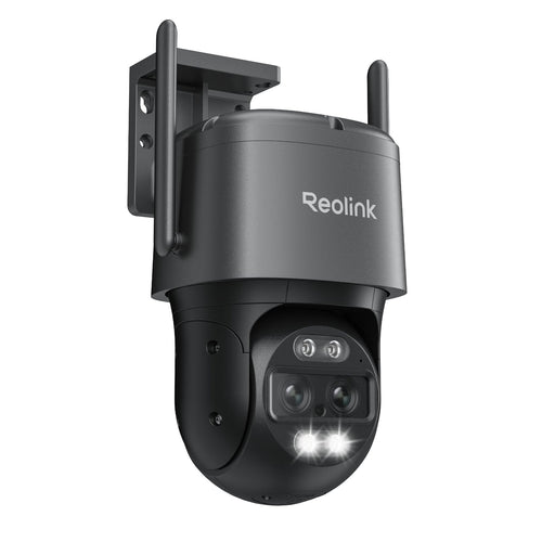 Reolink TrackMix WiFi 4K PTZ Überwachungskamera Aussen - Grau. Graue, wetterfeste PTZ-Kamera zur 4K-Videoüberwachung im Außenbereich.