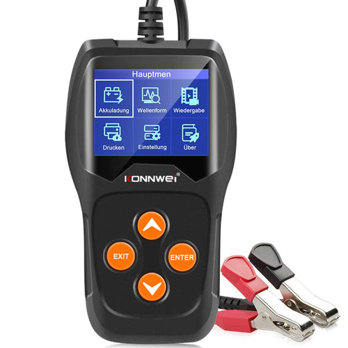 KONNWEI KW600 Professioneller 12V Batterietester - 100-2000 CCA, 220AH. Schwarzes Handgerät zur Diagnose von 12V-Batterien.