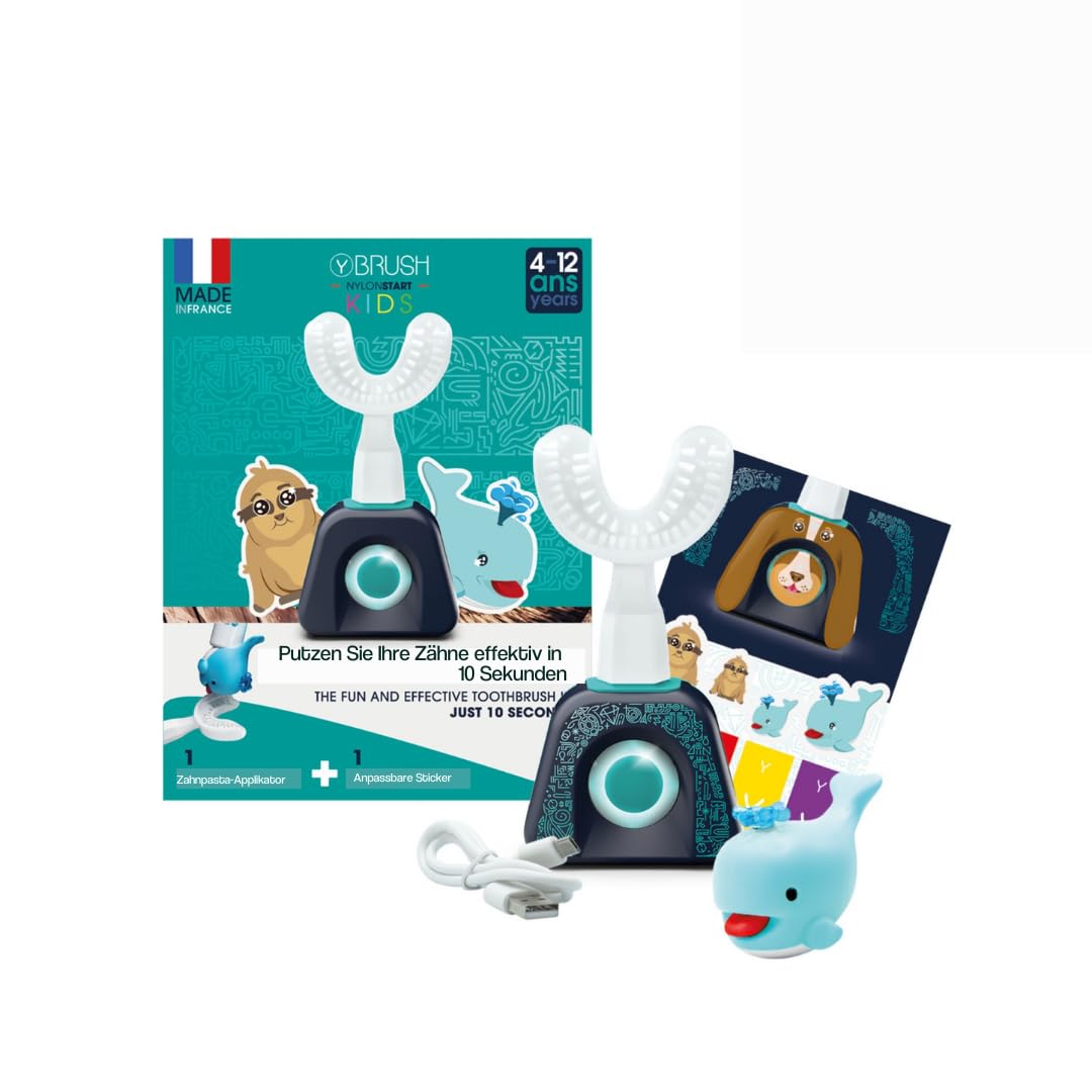 Y-Brush Kids NylonStart Set Elektrische Zahnbürste, blau, mit Y-förmigem Mundstück für automatische Zahnreinigung.