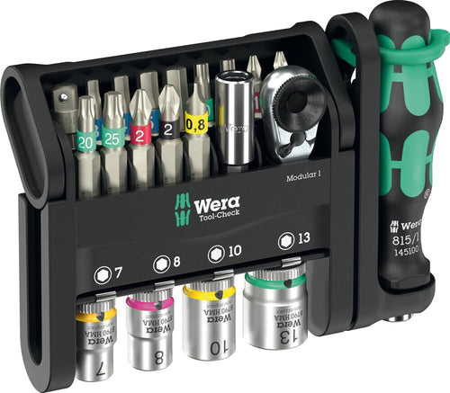 Wera Tool-Check Modular 1 Bit- & Steckschlüsselsatz - 21-teilig. Schwarze Kompaktkassette mit ¼-Zoll Bits/Steckschlüsseln für Montage.