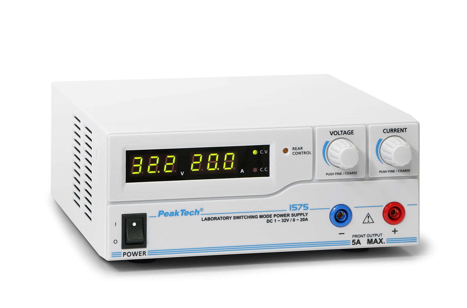 PeakTech 1575 Programmierbares Labornetzgerät DC 1-32V / 20A. Rechteckiges Gehäuse. Liefert regelbare DC für Elektroniktests.