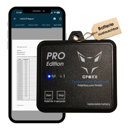 GFOXX Pro Edition Bluetooth-Thermometer - HACCP IP67 Kühl: Schwarz, mit Messsonde. Misst drahtlos Kerntemperaturen von Lebensmitteln für HACCP.