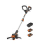 WORX WG163E.3 Akku Rasentrimmer. Orange-schwarzes Gerät mit langem Stiel und Fadenkopf zum präzisen Trimmen von Rasenkanten.