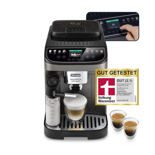 De'Longhi Magnifica Evo Next ECAM312.80.TB Kaffeevollautomat, titanfarben, mahlt Bohnen, brüht Espresso und Milchgetränke.