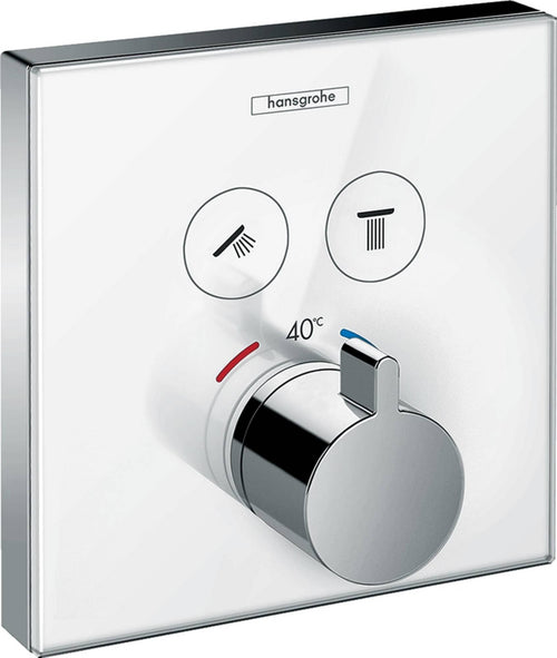 hansgrohe ShowerSelect Glas UP Thermostat - 2 Funktionen Weiss/Chrom. Weisser Glasblende, Chrom-Bedienelemente. Regelt Wassertemperatur und zwei Duschfunktionen.