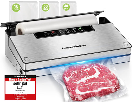 Bonsenkitchen Stark Vakuumiergerät - Globefish Technologie. Rechteckig, silber-schwarz. Versiegelt Lebensmittel luftdicht.