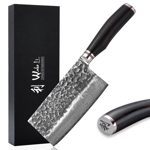 Wakoli EBO Premium Blockmesser 17.5cm Damast Eichenholzgriff mit Damastklinge und Eichenholzgriff zum Zerlegen von Fleisch.