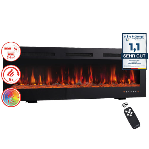 KAMINIO Marlon Elektrokamin 3-in-1 mit Heizung - 60 Zoll. Rechteckiger, schwarzer Elektrokamin zur Raumheizung mit Flammensimulation.