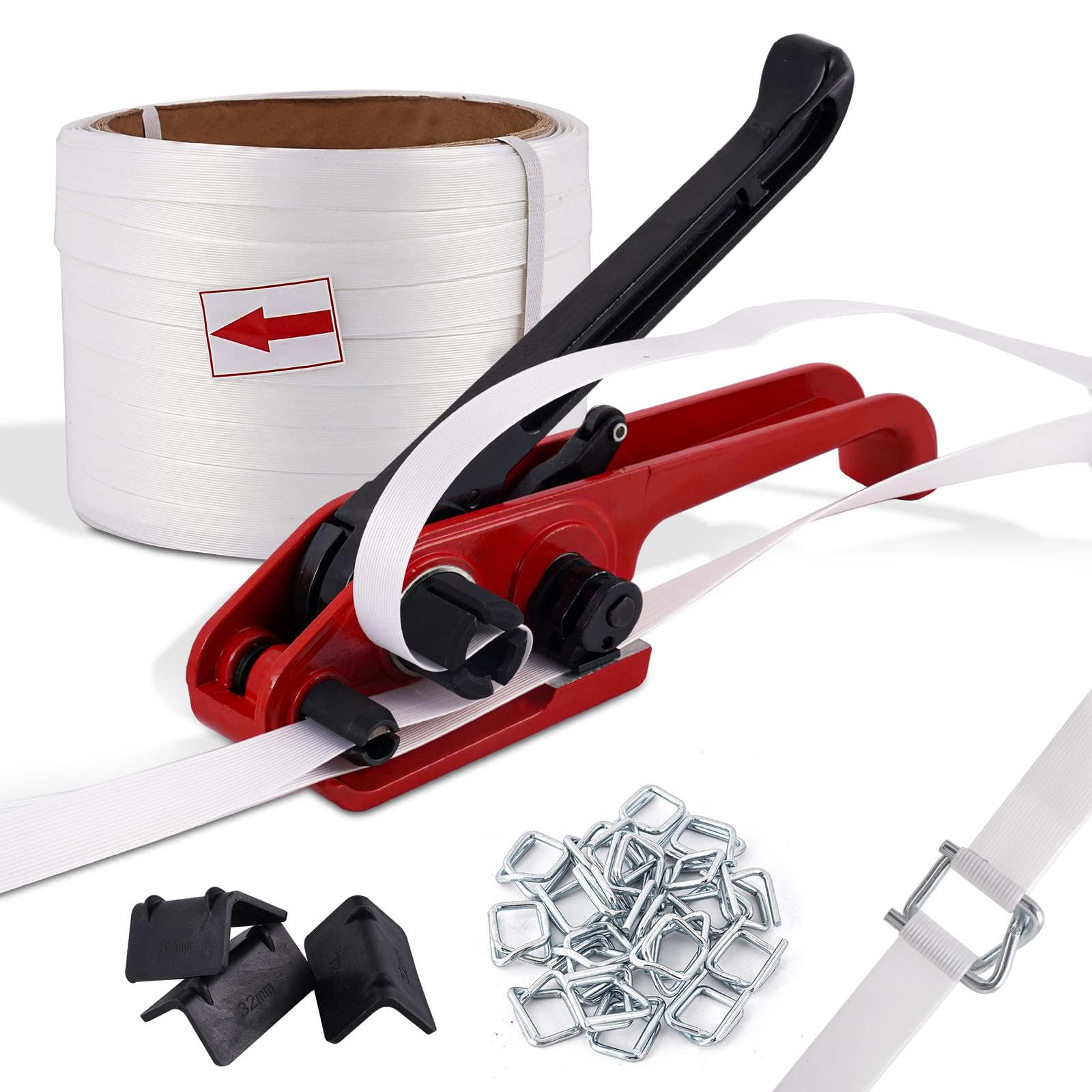 BAOSHISHAN Manuelles Umreifungsgerät Set 13-19mm, silber zum Spannen und Verschließen von PP/PET-Bändern an Paketen/Paletten.