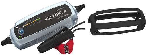 CTEK Lithium XS Batterieladegerät 12V 5A – 8 Stufen, mit Bumper. Kompakt, schwarz-orange. Lädt 12V Lithium-Akkus in 8 Stufen.