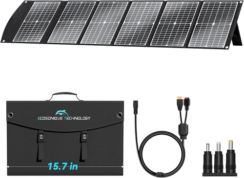 Ecosonique 100W Tragbares Falt-Solarpanel Schnellladegerät. Schwarz, faltbar. Lädt Mobilgeräte schnell via USB/DC.