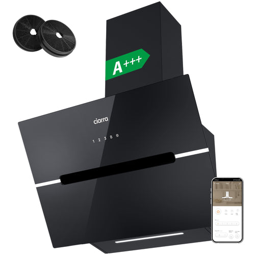 CIARRA CBCB6736F Kopffreie Schräghaube Umluft 60cm Schwarz. Schwarze, schräge Haube für Dunstabzug über dem Kochfeld.