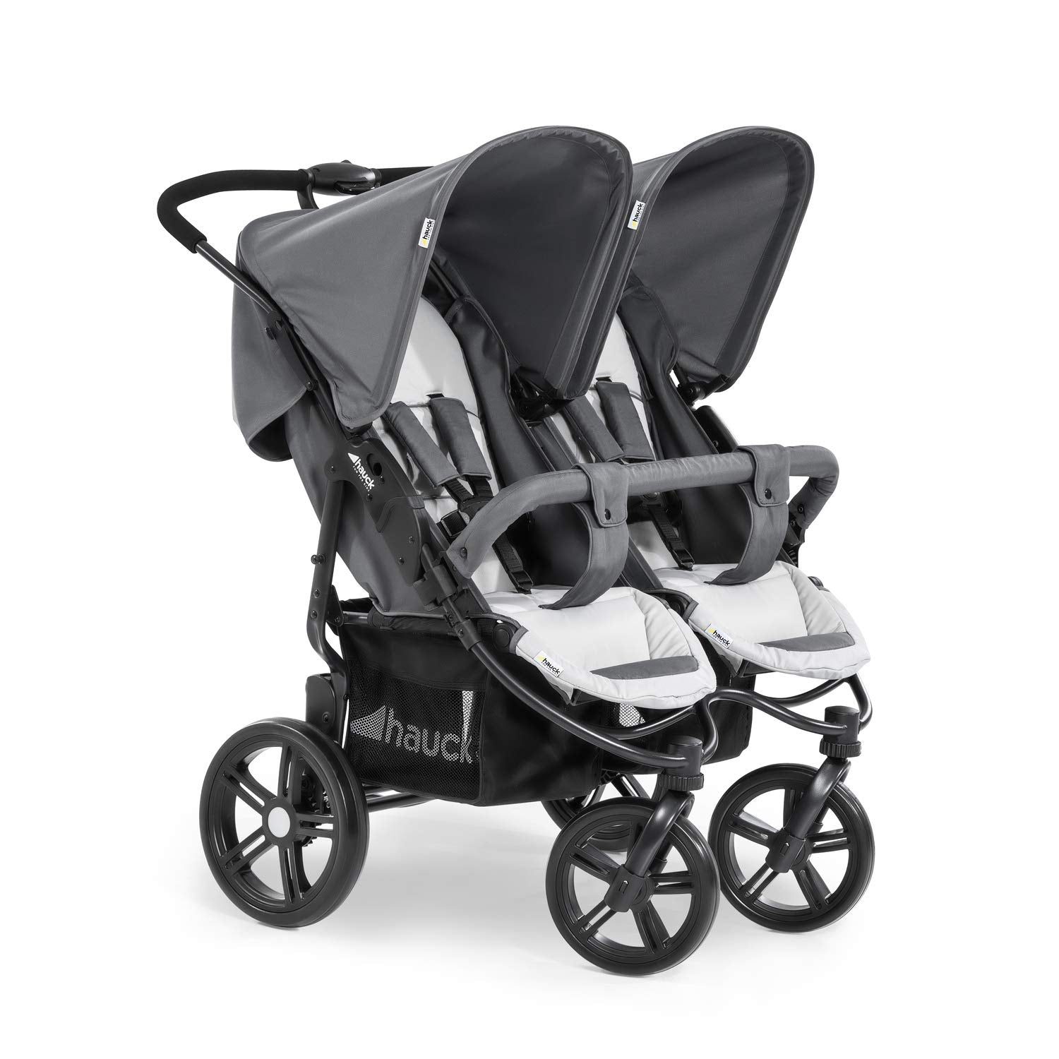 Hauck Roadster Duo SLX Zwillingswagen - Grau/Silber. Grauer Zwillingskinderwagen mit silbernem Rahmen. Ermöglicht den Transport von zwei Kindern nebeneinander.