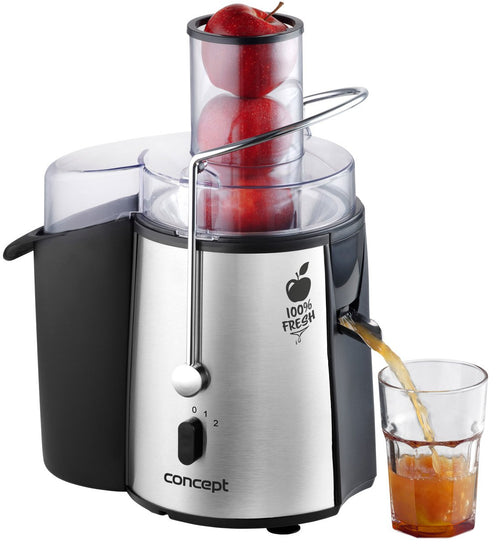 CONCEPT Hausgeräte LO7026 Entsafter mit XXL-Öffnung - Silber. Silberner Standentsafter. Extrahiert Saft aus Obst, Gemüse.