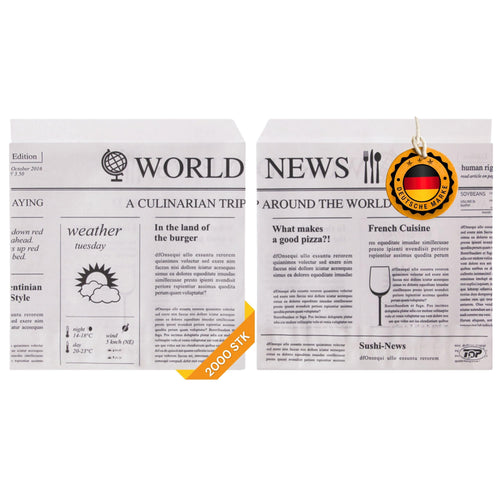 Kraftpapier Hamburgertasche Newspaper – Weiss, 2-seitig offen, mit Zeitungsdruck. Für Burger-Verpackung im Imbiss/Take-away.