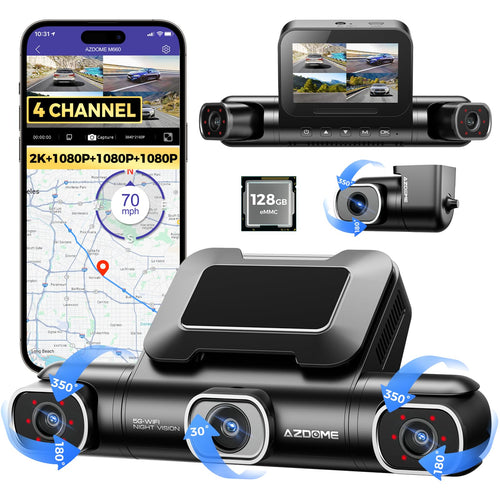 AZDOME 4K 4-Kanal 360° Auto Dashcam – 128GB eMMC Speicher