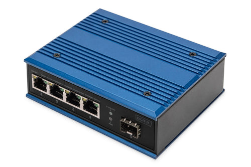 DIGITUS Industrial Gigabit Switch - 5-Port Unmanaged: Kompaktes, graues Metallgehäuse. Verbindet 5 Netzwerkgeräte für robuste Datenübertragung in industriellen Umgebungen.
