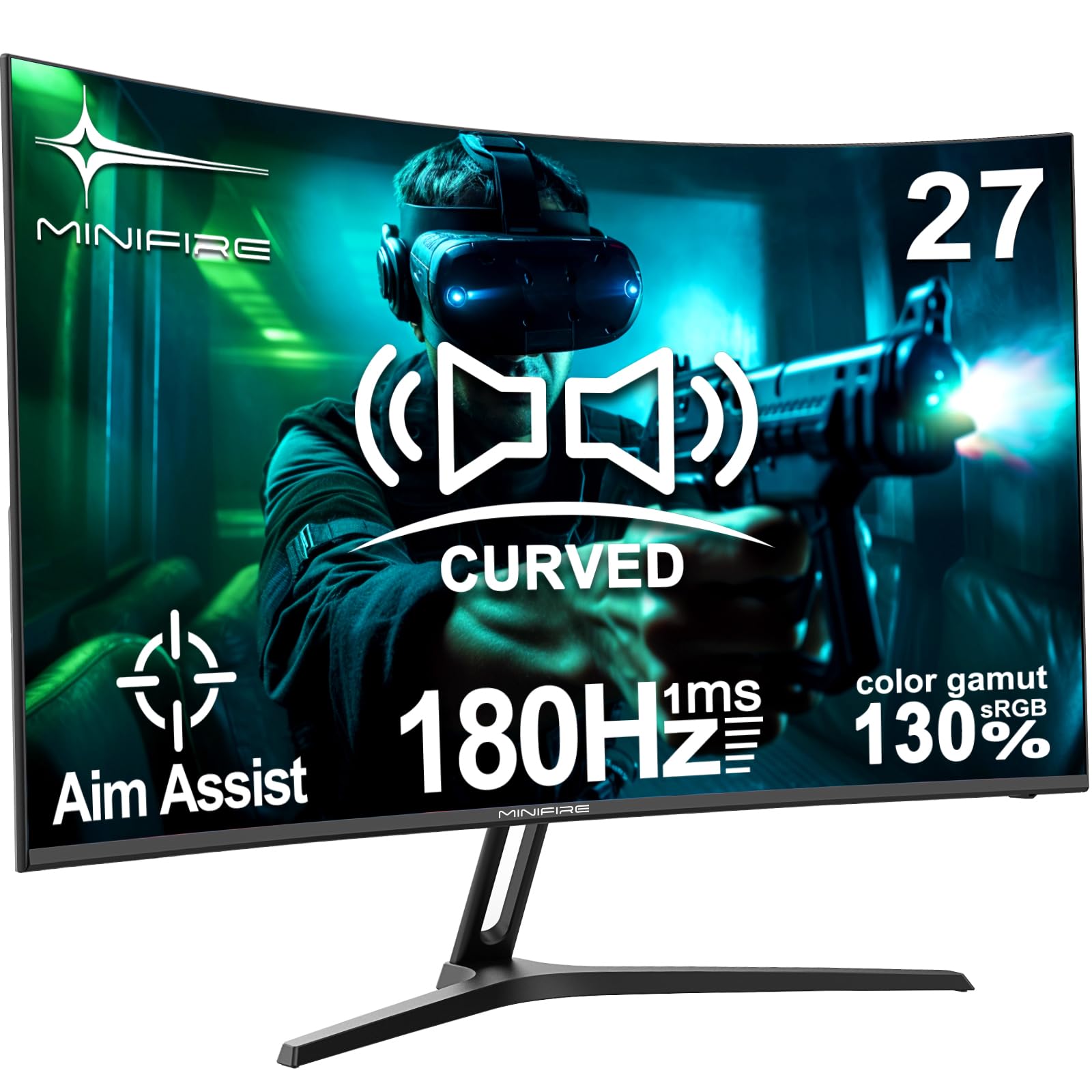 Minifire MFG27C1 Gaming Monitor – 27 Zoll Curved 180Hz. Schwarzes Curved-Display für immersives, flüssiges Gaming.