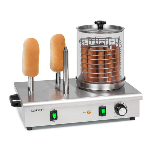Klarstein Wurstfabrik Pro 600 Hot Dog Maker – Silber. Silberner Hot Dog Maker mit Heißdorn und Dampfzylinder für Würstchen und Brötchen.