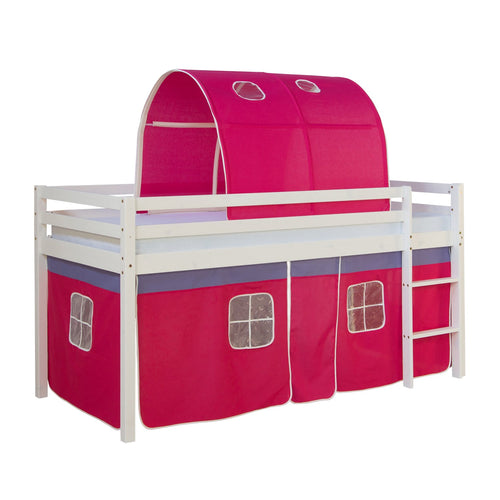 Homestyle4u Hochbett 90x200 Weiss Pink mit Treppe & Tunnel. Weiß-pinkes Hochbett mit Treppe & Tunnel für Schlaf- & Spielbereich.