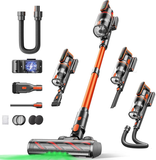 Fieety Akku Staubsauger 550W/45KPa – Kabellos, Wandstation. Schlanker, grauer Stielstaubsauger für kabellose Trockenreinigung.