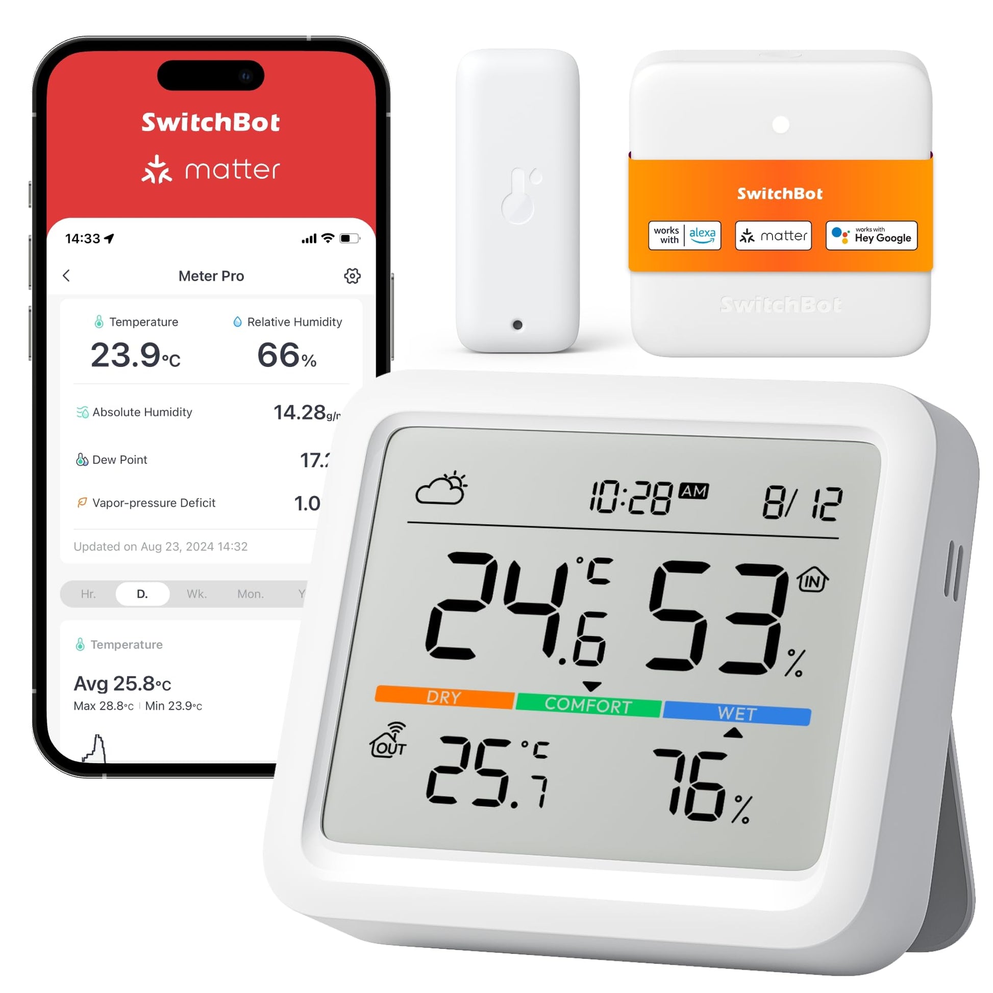SwitchBot Matter Wetterstation - WLAN Hygrometer & Aussensensor, weiß, kompakt. Misst Temperatur und Luftfeuchtigkeit innen und außen via WLAN.