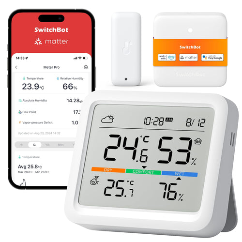 SwitchBot Matter Wetterstation - WLAN Hygrometer & Aussensensor, weiß, kompakt. Misst Temperatur und Luftfeuchtigkeit innen und außen via WLAN.