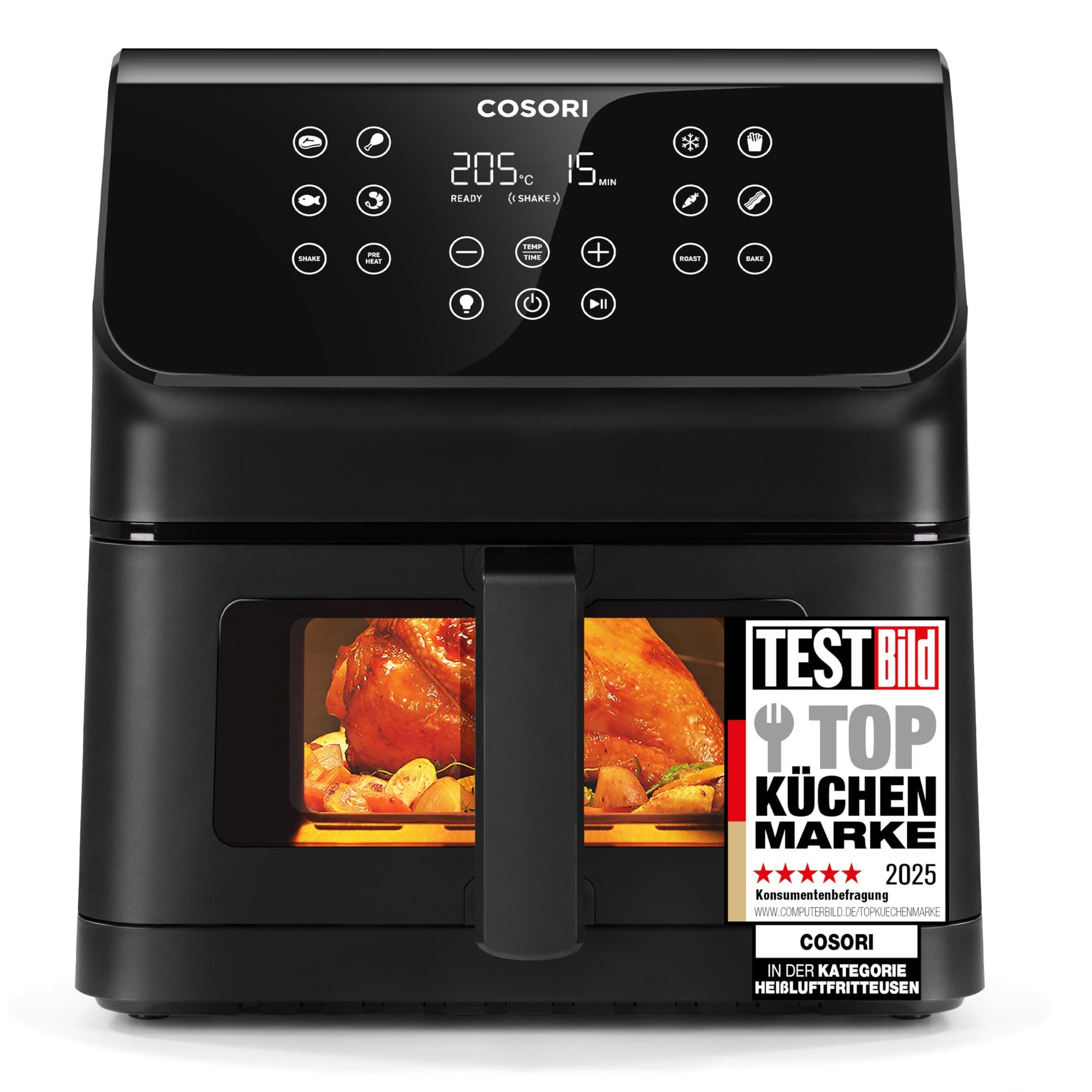 COSORI Heissluftfritteuse Airfryer 6.2L – mit Sichtfenster. Schwarzes Gehäuse mit Sichtfenster. Fritiert knusprig mit wenig Öl.