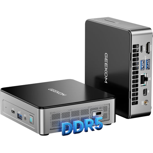 GEEKOM Air12 Mini PC - Intel N150, 16GB/512GB SSD. Kompakter, dunkler Mini-PC für platzsparendes Desktop-Computing.