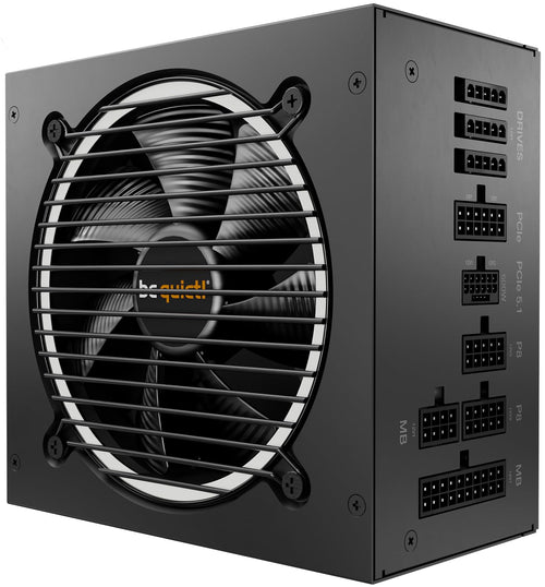 be quiet! Pure Power 12 M 750W Modulares Netzteil - ATX 3.1 PCIe 5.1. Schwarzer, rechteckiger Block, versorgt PC-Komponenten.