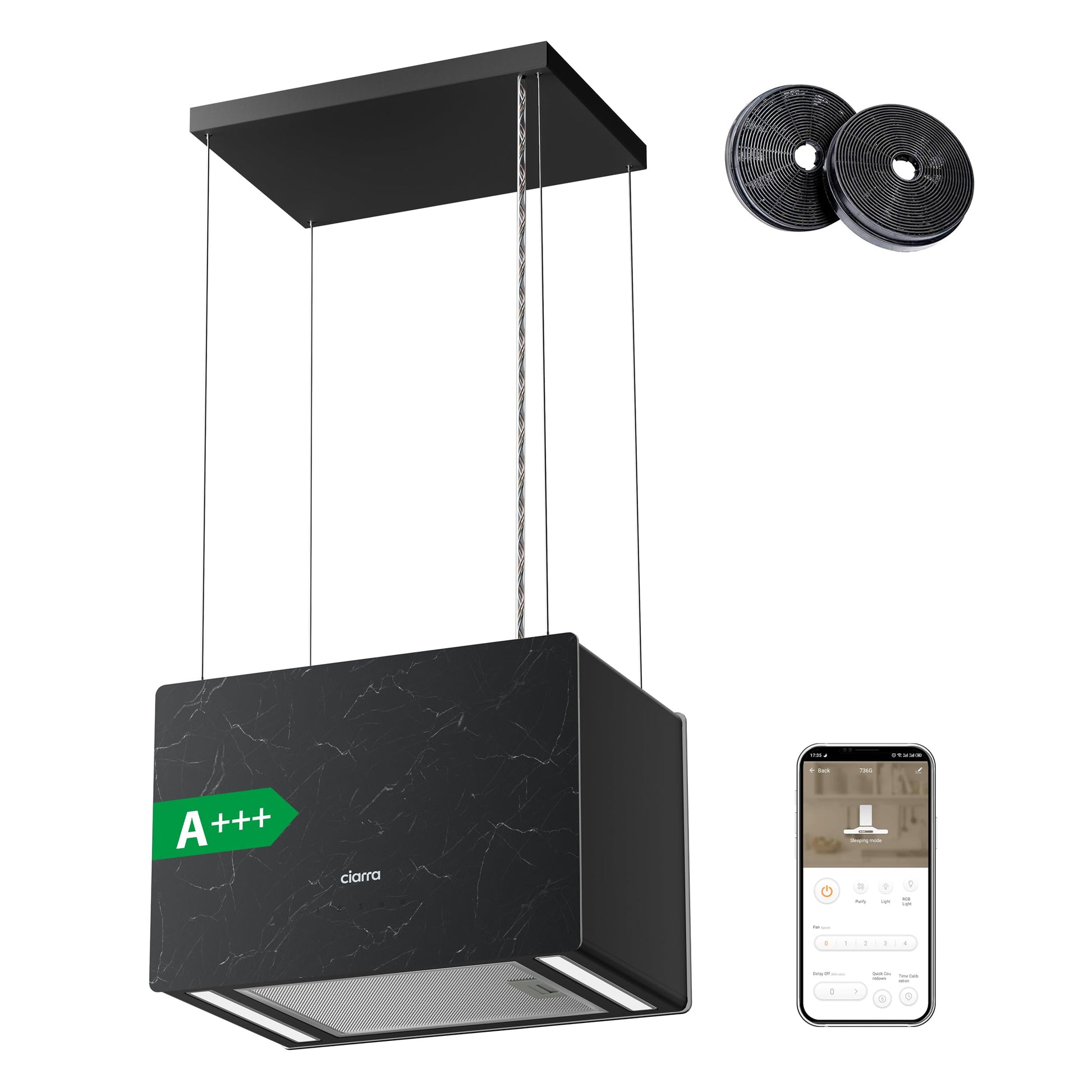 Ciarra Pinnacle Ash Concrete Inselhaube - 48cm Smart Wi-Fi Umluft. In Betonoptik. Entfernt Kochdünste per Umluft.