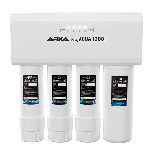 ARKA myAQUA 1900 Umkehrosmoseanlage – Wasserfilter 1900 L/Tag. Weißes Kompaktgerät filtert Wasser zu Reinwasser für Aquarien oder Trinkwasser.
