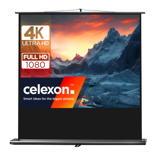 celexon Ultramobil Professional Pull-Up-Leinwand 75" 4:3. Weiße Projektionsfläche im 4:3 Format, ausziehbar aus schwarzem Gehäuse. Für mobile Beamer-Präsentationen.