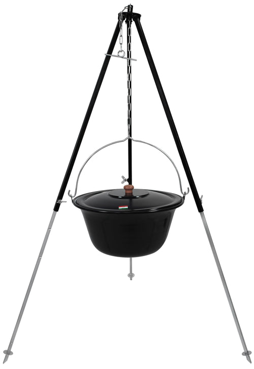 GRILLPLANET Gulaschkessel Set: 15L emaillierter Gulaschkessel mit Dreibein. Zum Kochen von Gulasch und Eintöpfen über offenem Feuer.