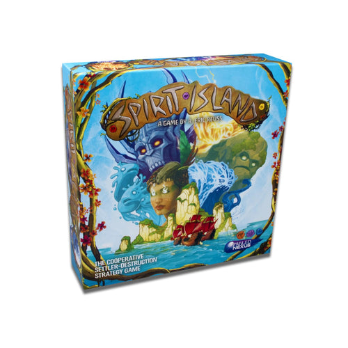 Greater Than Games Spirit Island GTG33929 Brettspiel Englisch. Rechteckiger Karton, buntes Cover. Kooperatives Fantasy-Strategiespiel.