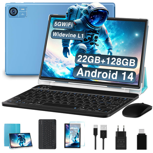 SUAAT 2025 Tablet 10.1 Zoll Android 14 - Tastatur & Maus, Blau. Blaues System für mobiles Arbeiten, Lernen & Unterhaltung.