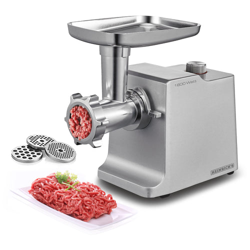 Heinrichs Elektrischer Fleischwolf & Wurstmaschine 1800W Metallgetriebe. Silberner Fleischwolf mit Trichter. Produziert Hackfleisch und füllt Wurst.