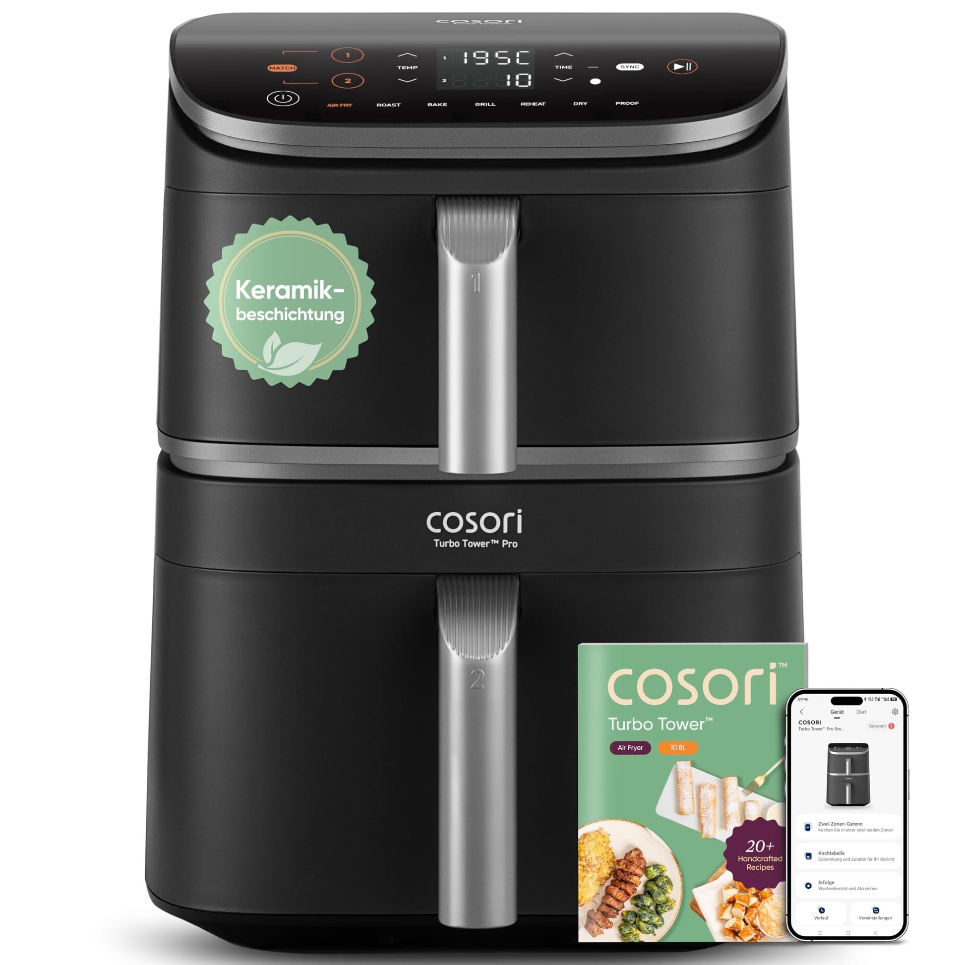 Cosori Turbo Tower™ Heissluftfritteuse – 10.8L Pro Smart, turmförmig, schwarz. Frittiert, backt, grillt Speisen mit Heissluft.