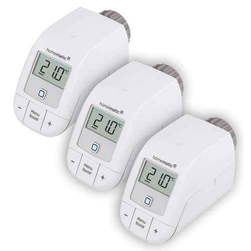 Homematic IP Heizkörperthermostat Smart Home 3er Set Basic – weiße Thermostate mit Display zur smarten Heizkörperregelung.