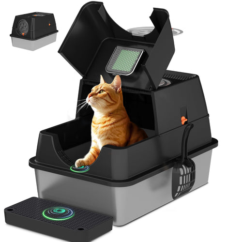 Citylife Katzenklo Edelstahl XL mit Deckel, Extra Gross – Schwarz