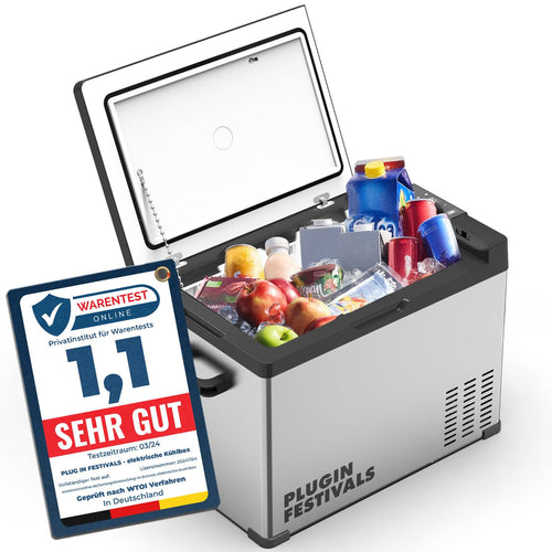 PLUG IN FESTIVALS Kompressor Gefrierbox Kühlbox - 40L. Graue, rechteckige Kühlbox zum mobilen Kühlen und Gefrieren.