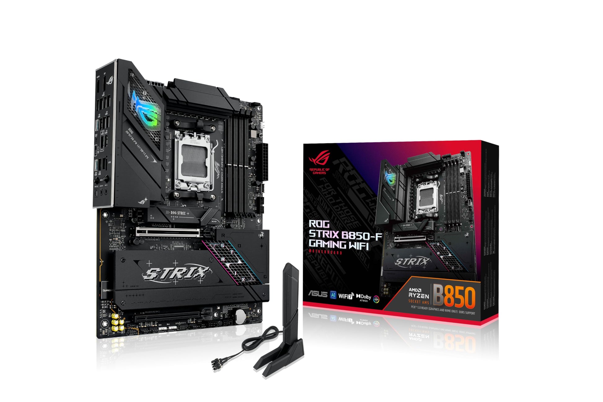 ASUS ROG Strix B850-F Gaming WiFi Mainboard - AMD AM5, rechteckige, dunkle Platine zum Aufbau eines Gaming-PCs.