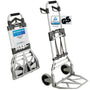 ATHLON TOOLS Schwerlast-Sackkarre klappbar 150kg Alu – Modell 2025. Silbergraue, aufgeklappte Sackkarre transportiert Kartons, Pakete.