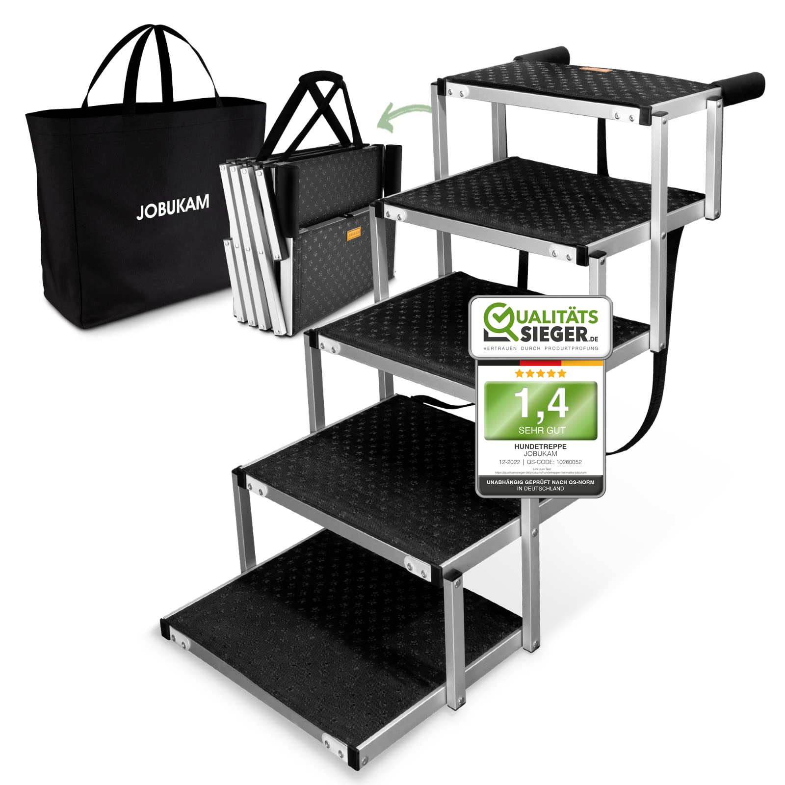 Hundetreppe Auto klappbar 65cm - 5 Stufen für grosse Hunde. Faltbare Hunderampe mit fünf Stufen erleichtert Hunden den Einstieg ins Auto.