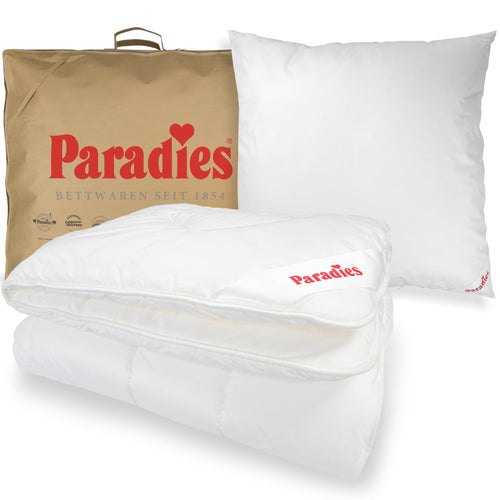 PARADIES Prima Bio Winterbettdecke Set - 155x220 + Kissen 80x80, ein weißes, wärmendes Schlaf-Set.