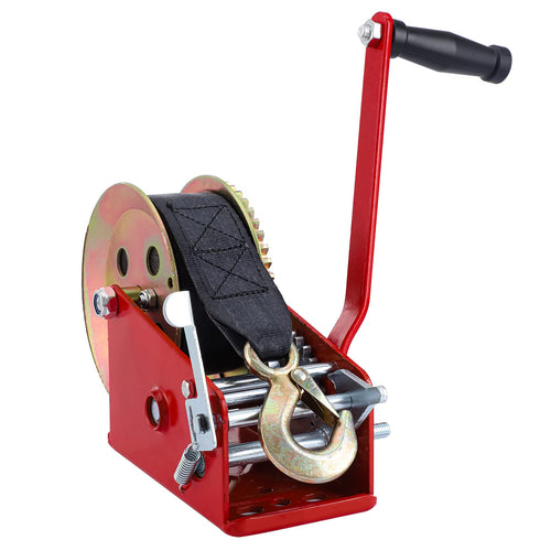 Pindex Handseilwinde mit Bremse 1600kg – 10m Gurtband Rot. Metallische Winde mit Kurbel zum Ziehen/Heben von Lasten, z.B. für Anhänger.