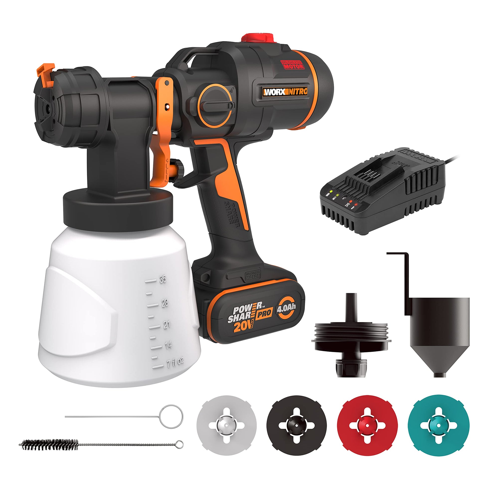 WORX WX020 Nitro Akku-Farbsprühsystem 20V mit Akku & Ladegerät: Schwarz-oranges Gerät mit Farbbehälter zum Farbauftrag.
