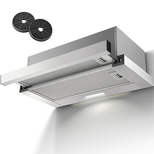 KICHPOWER Dunstabzugshaube 60 cm Flachschirmhaube - Edelstahl. Rechteckig, ausziehbar, silber. Saugt Kochdunst ab über Kochfeldern.