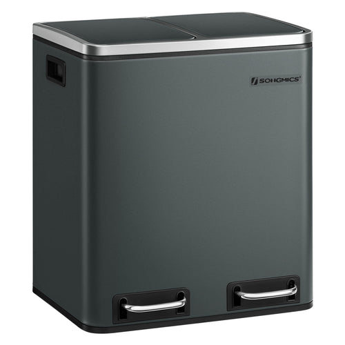 SONGMICS Mülleimer Küche 2x15L Mülltrennsystem grüngrau LTB30GS. Grüngrauer Doppelmülleimer mit zwei 15L Behältern zur Mülltrennung in der Küche.